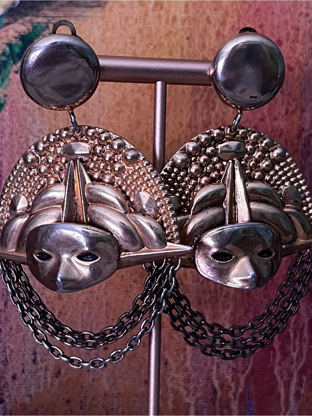 Vintage Masquerade Gold-Tone Mask Drop Earrings - Clip On Women Accessories